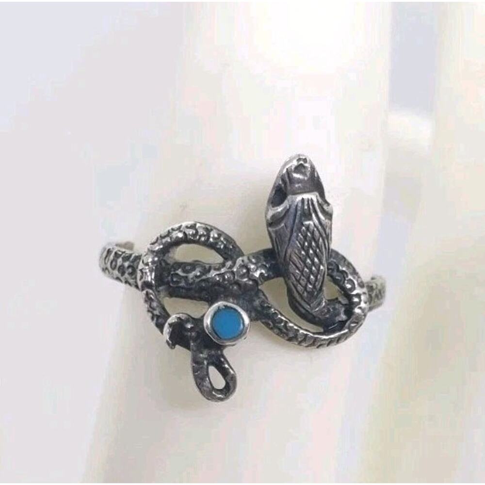 VTG Snake Ring With Turquoise 925 Sterling Silver Coiled Detailed Native 7.75 - Picture 2 of 10